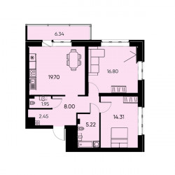 Двухкомнатная квартира 68.6 м²